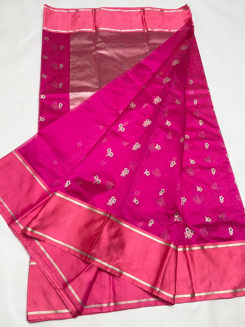 Pink Pattu Silk Chanderi saree with silver floral motifs and Mashru-style border — Idam Living