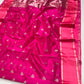 Bright pink Chanderi silk body close-up showing silver floral sprigs