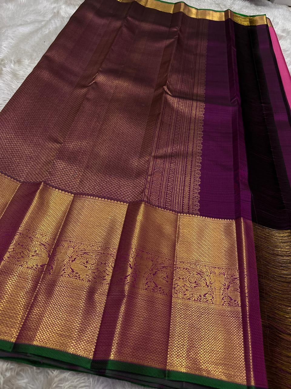 Jewel Pink Handwoven Pure Silk Kancheepuram Butta Saree with Thick Getti Zari Border and Green Selvedge