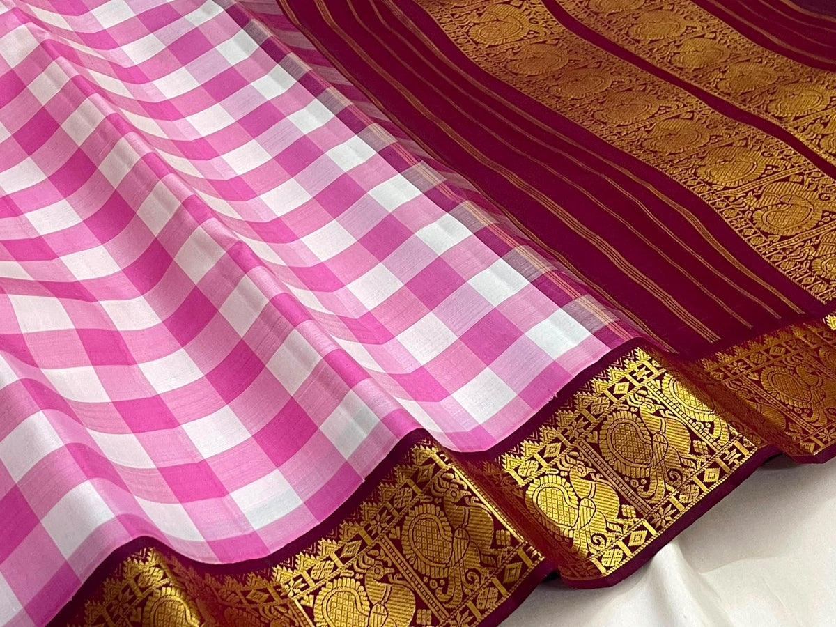 Beautiful Paalum Pazhamum checks in lotus pink and warm ivory silk