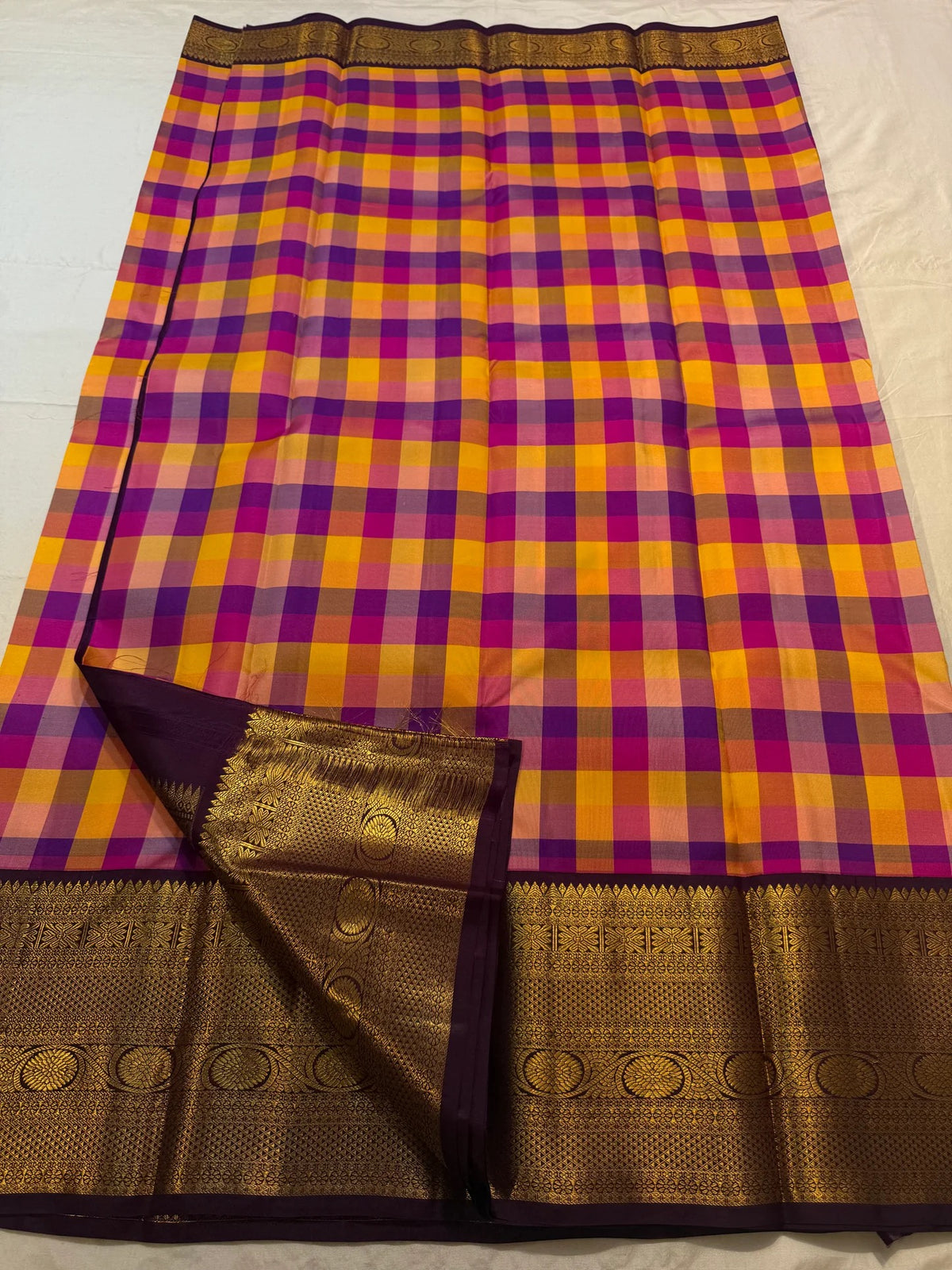 Multicolour Handwoven Pure Silk Kanjivaram Paalum Pazhamum Saree with Aubergine Gold Zari Border