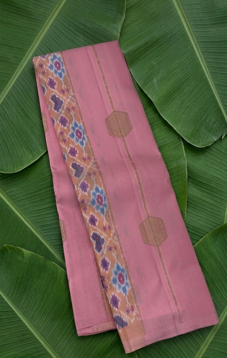 Radiant Pink Butta Kanjipuram Silk Saree with Pochampally Border and Hexagonal Silk Thread Butta