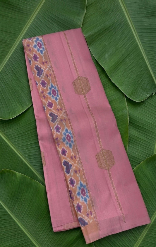 Radiant pink handwoven pure silk Kanjipuram saree with Pochampally ikat fusion weave — pallu detail
