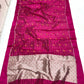 Draped Raspberry Pink Pattu Silk Chanderi showing striped body, colourful woven motifs and detailed metallic pallu.