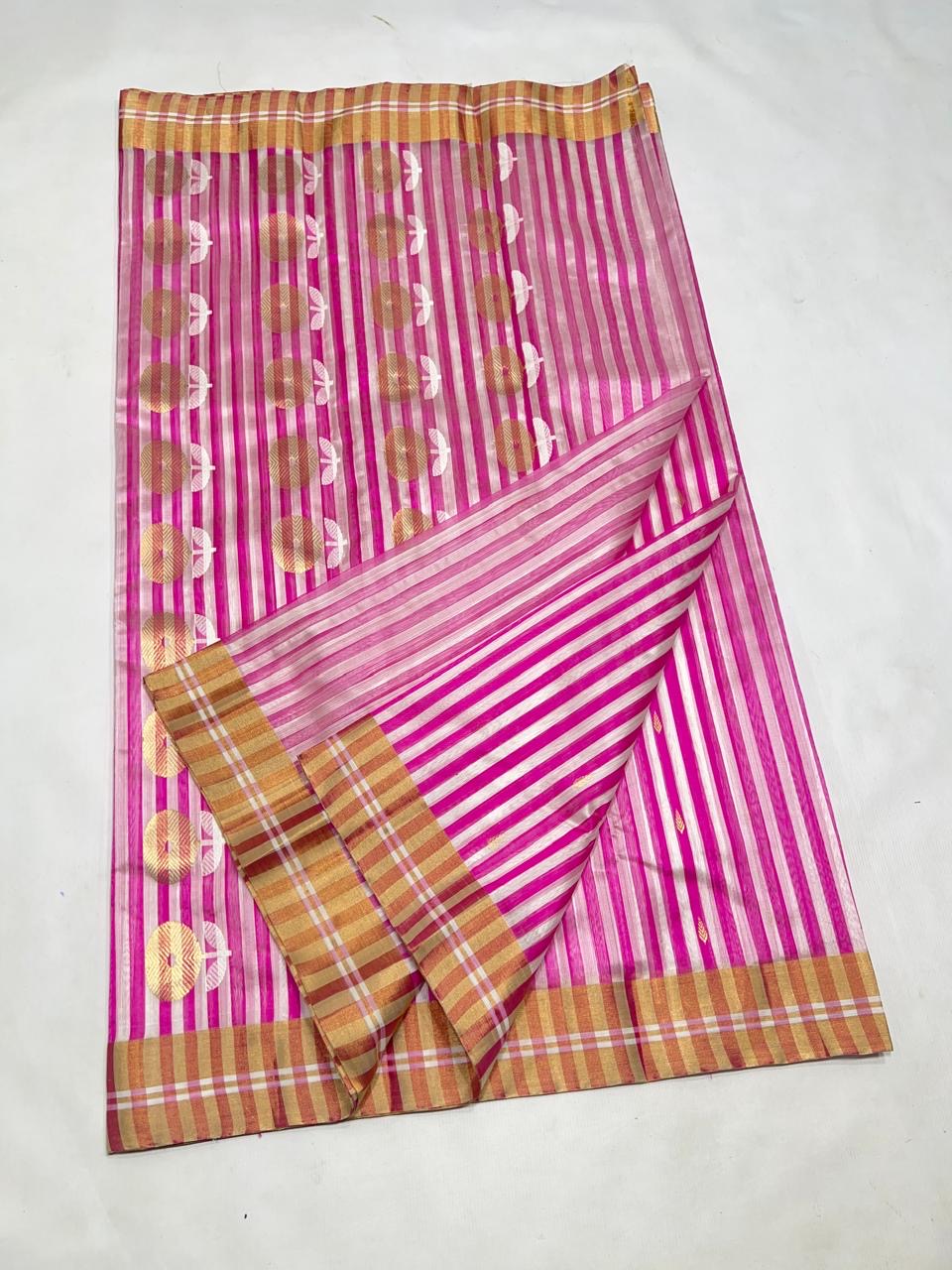 Pink striped handloom Chanderi silk saree with checked gold border