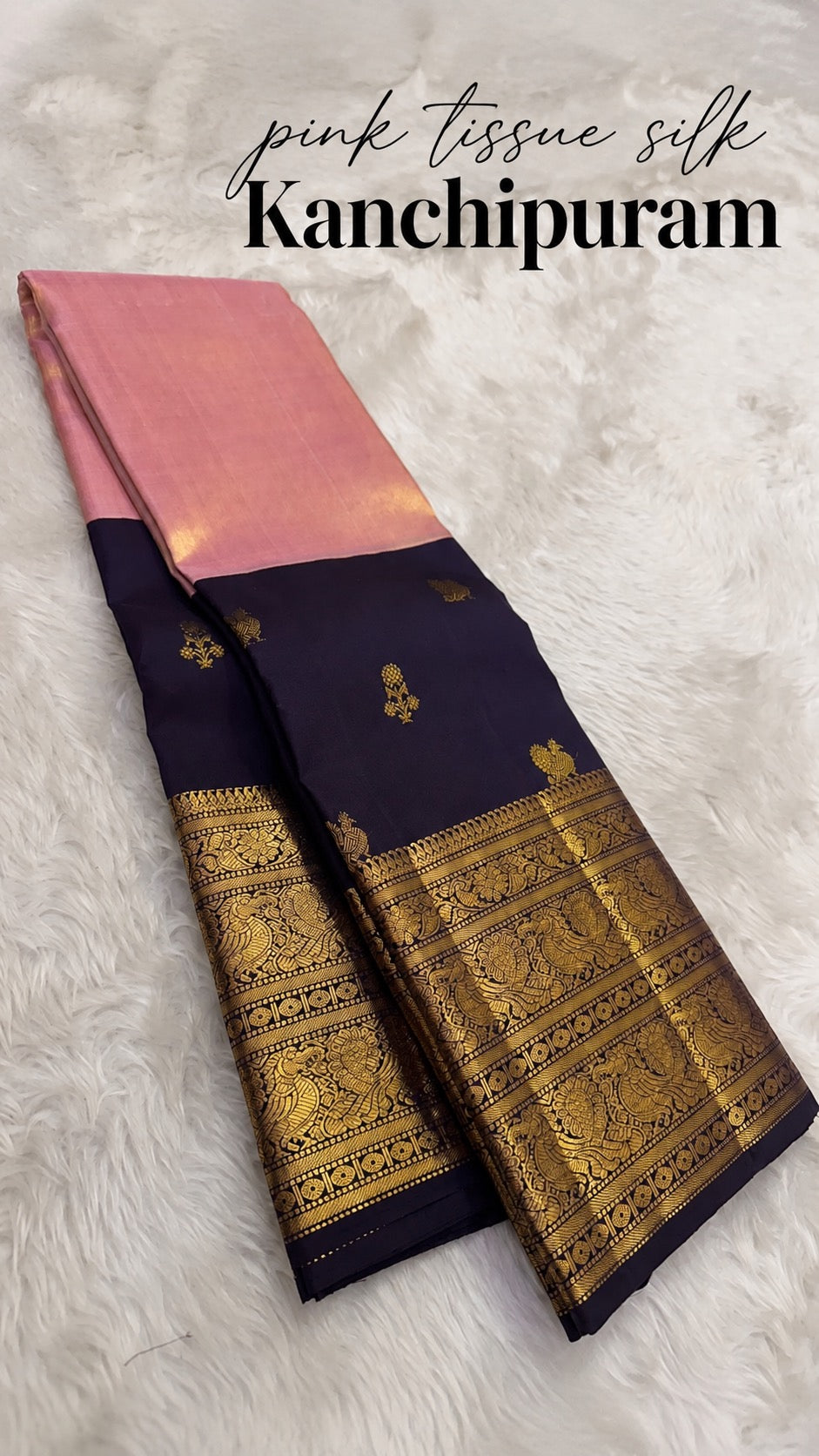 Pink tissue silk KanchiPattu Korvai saree with gold zari border, full view