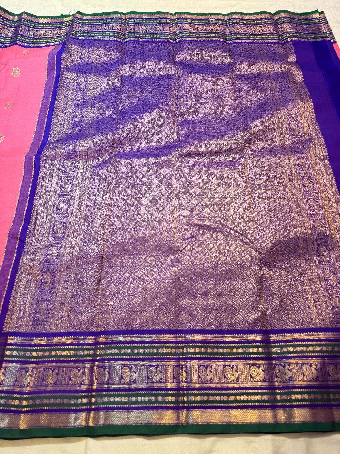 Pink Handwoven Pure Silk Kanchipuram Saree with Navy and Green Varisaipet Border
