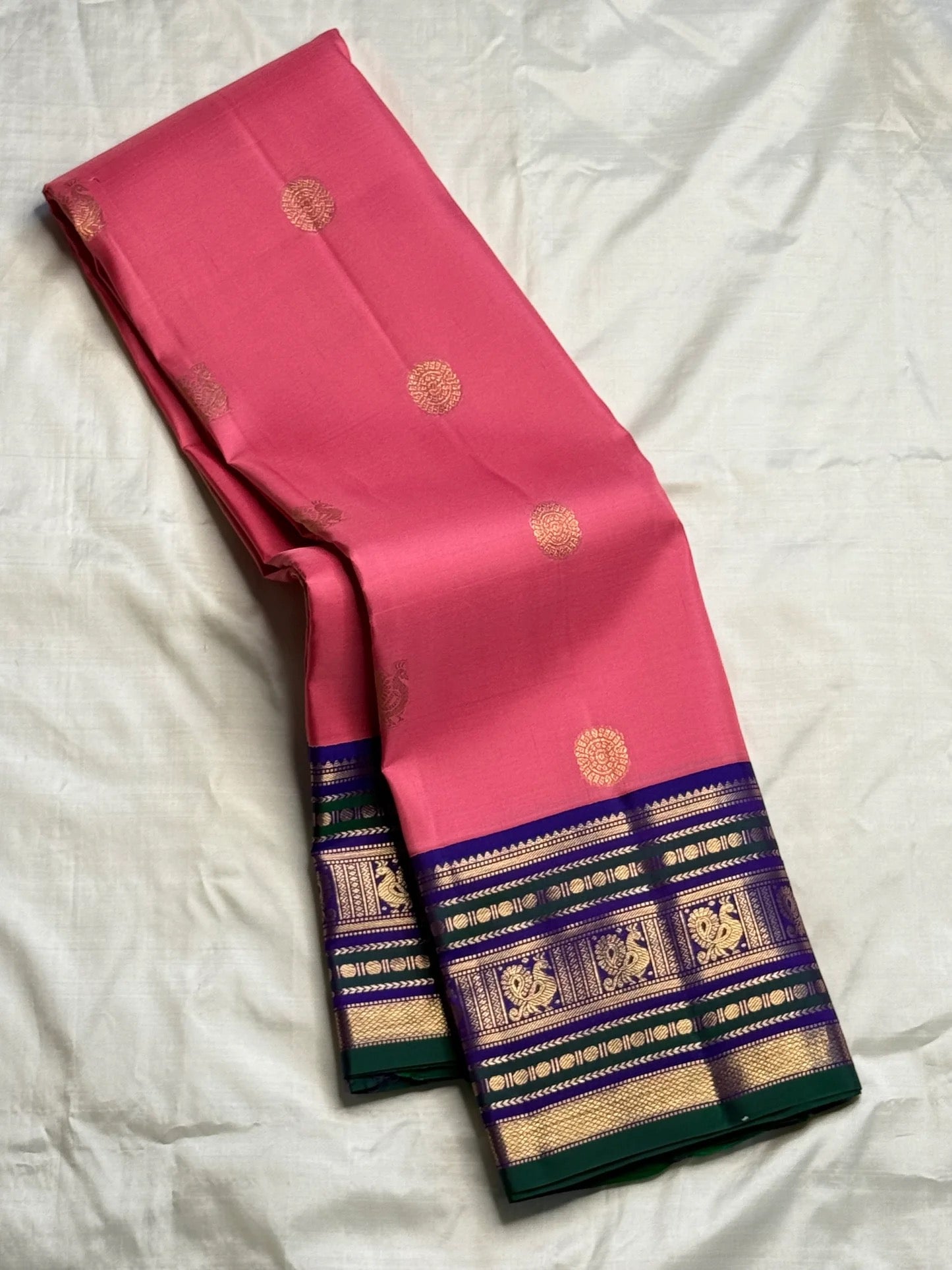 Pink Handwoven Pure Silk Kanchipuram Saree with Navy and Green Varisaipet Border