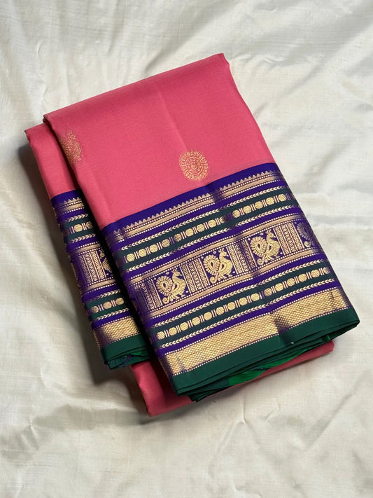 Pink Handwoven Pure Silk Kanchipuram Saree with Navy and Green Varisaipet Border
