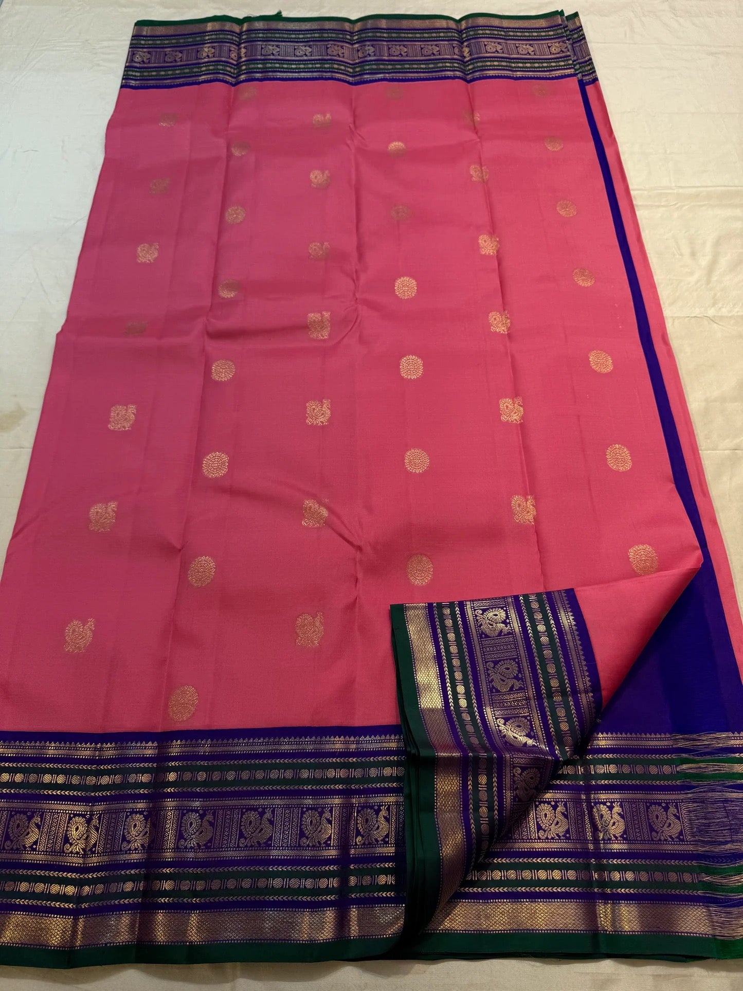 Pink Handwoven Pure Silk Kanchipuram Saree with Navy and Green Varisaipet Border