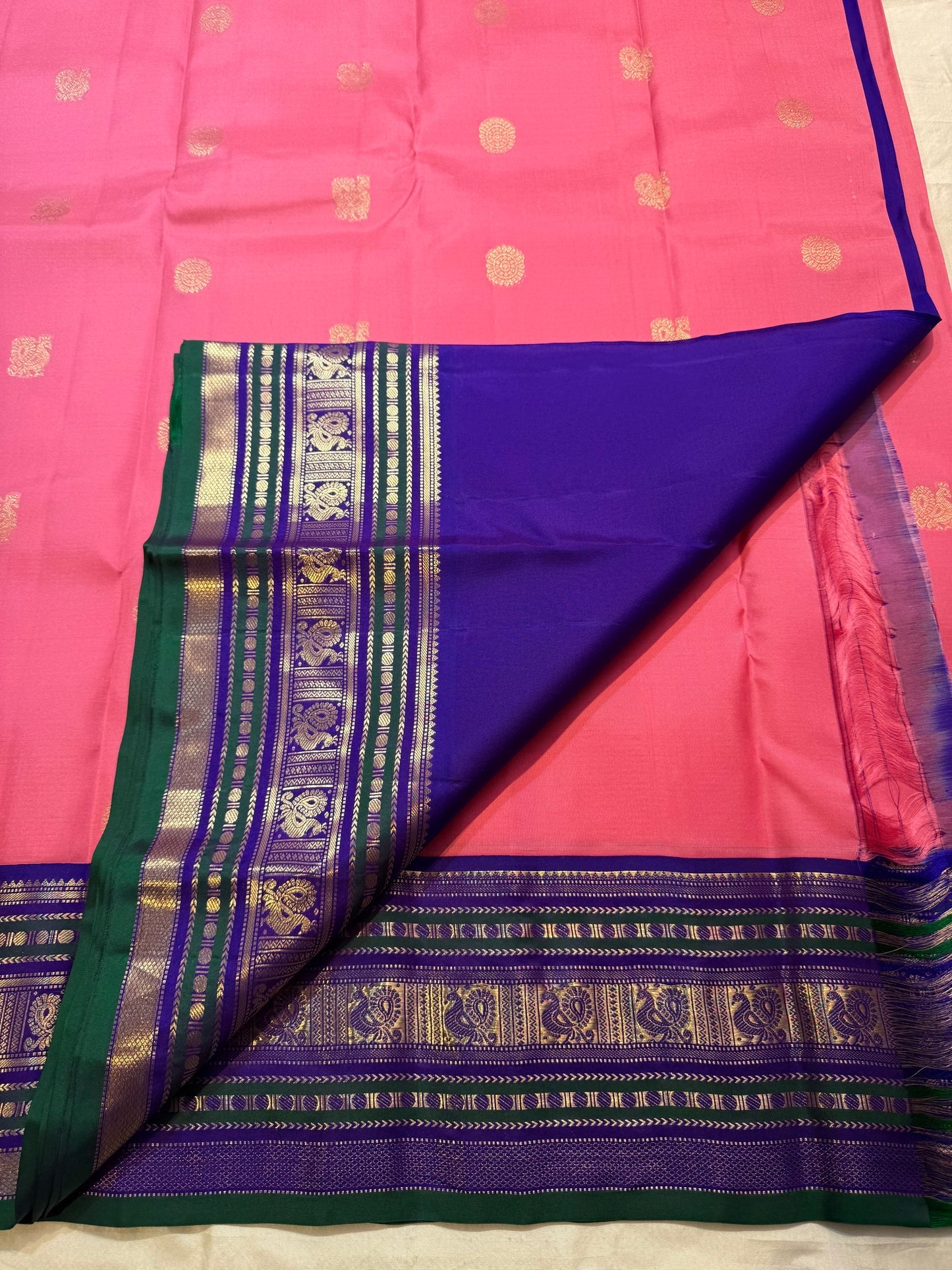 Pink Handwoven Pure Silk Kanchipuram Saree with Navy and Green Varisaipet Border