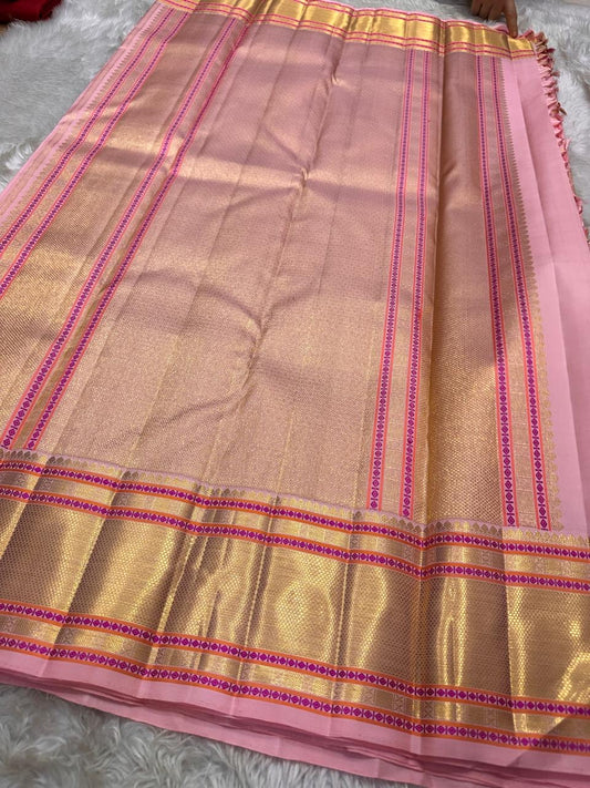 Pallu detail of blush pink Kanjeevaram Zari Kattam Gandaberunda saree