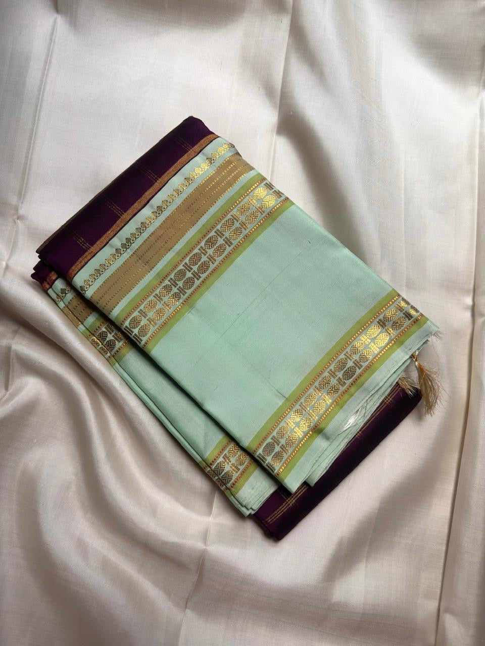 Close view of antique gold zari checks woven across Pista Green Kanchipuram silk