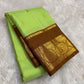 Pistachio Green and Chocolate Brown Handwoven Pure Silk KanchiPattu Saree with Kamalam Lotus Zari Border