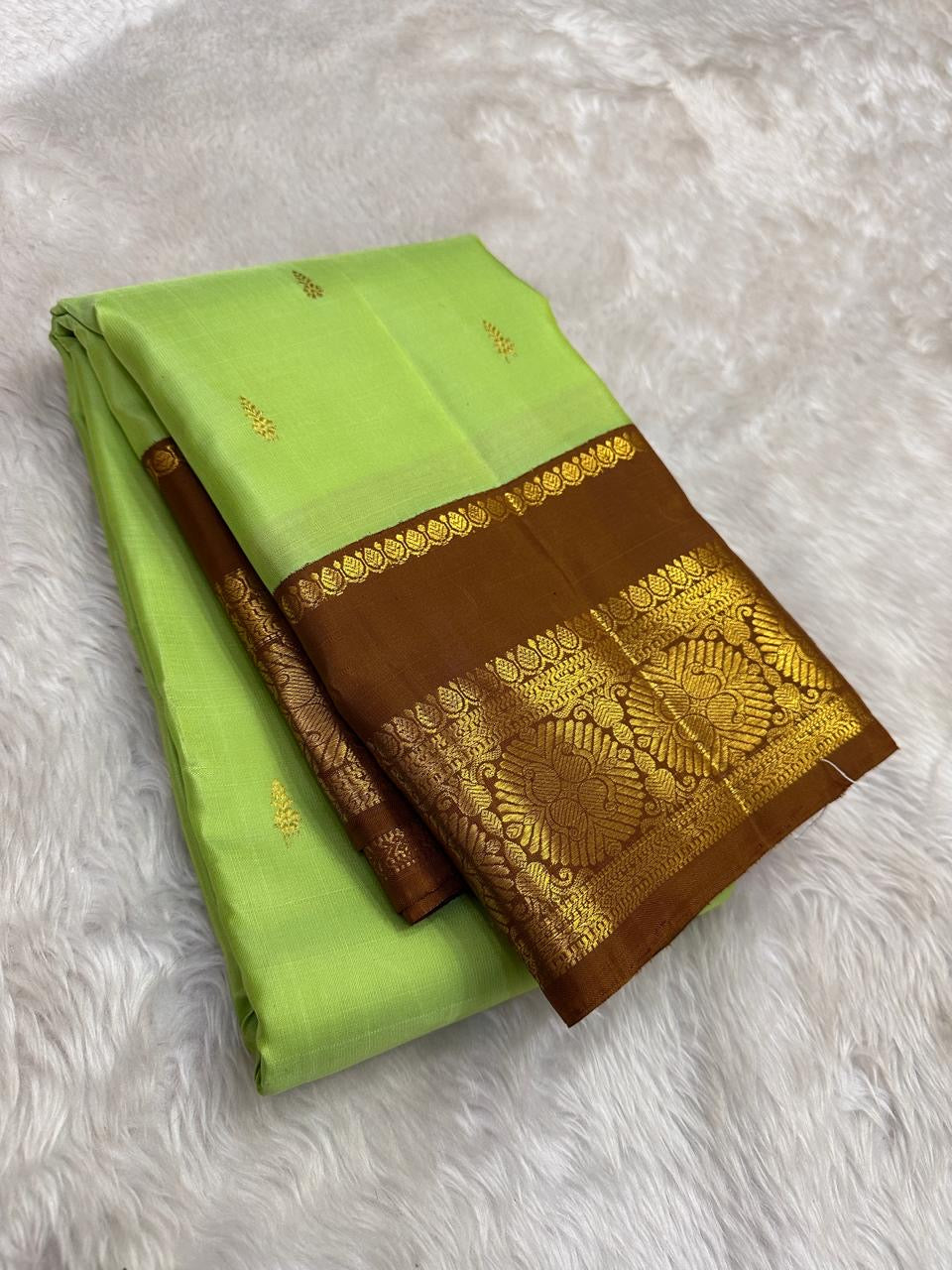 Pistachio Green and Chocolate Brown Handwoven Pure Silk KanchiPattu Saree with Kamalam Lotus Zari Border