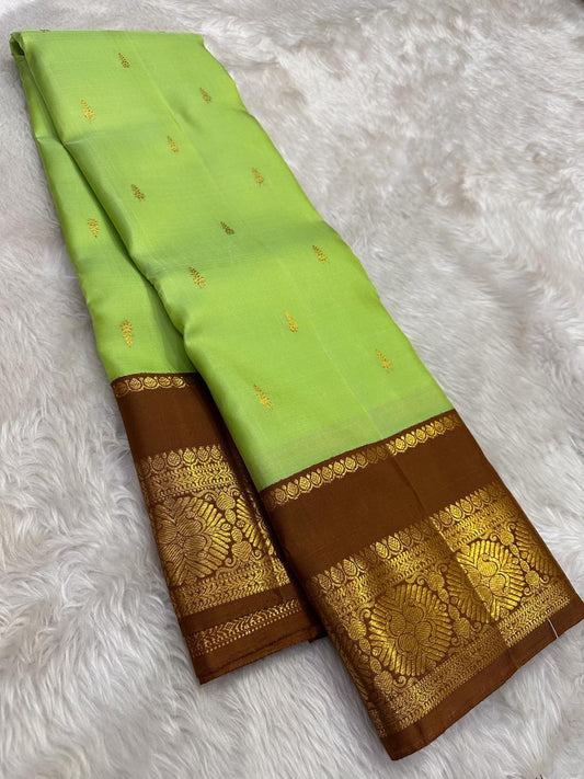 Pistachio Green and Chocolate Brown Handwoven Pure Silk KanchiPattu Saree with Kamalam Lotus Zari Border