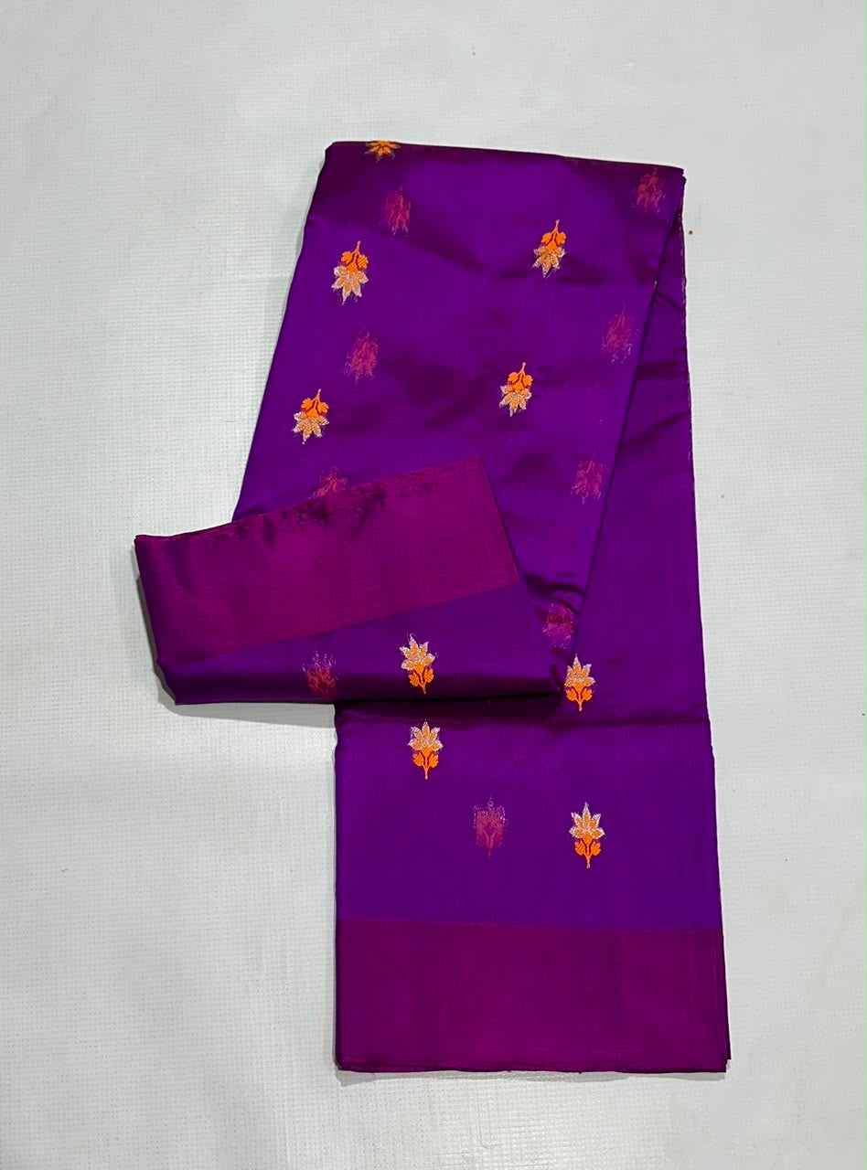 Orchid purple Chanderi handloom silk saree, alternate view with saffron-gold floral motifs and subtle plum glow.