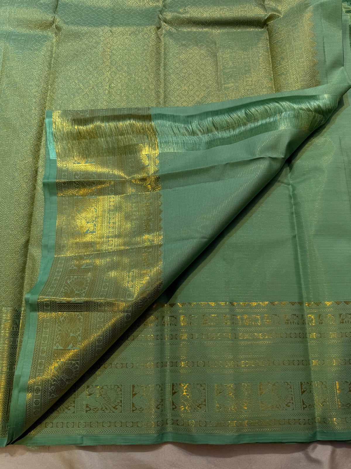 Pistachio-green silk saree with broad stacked gold-toned zari border and spaced body motifs.