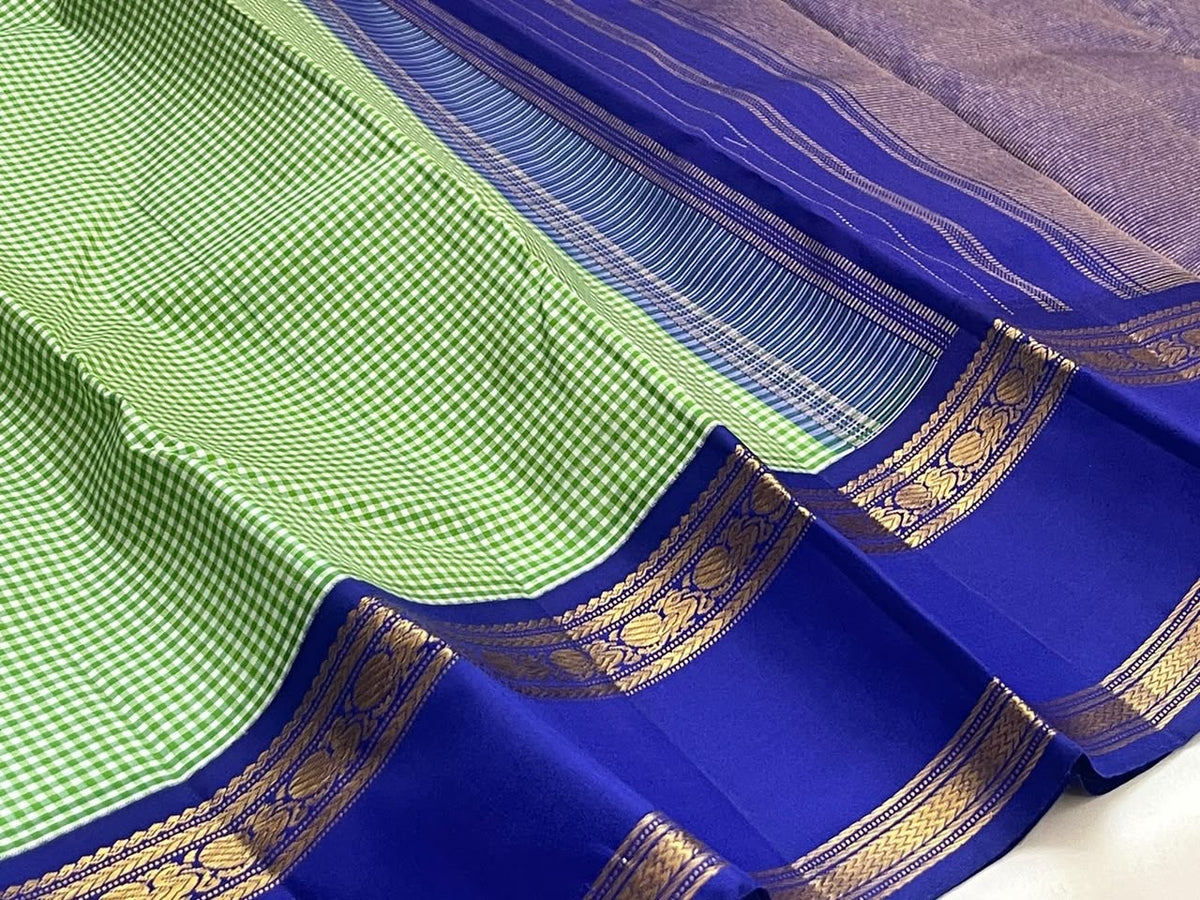 Pistachio Green Handwoven Pure Silk Kancheepuram Kanchi Kattam Saree with Neelam Blue Gold Zari Border