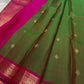 Draped olive green pure Kanchipuram silk saree with gold buttas and magenta zari woven border beside the pallu.