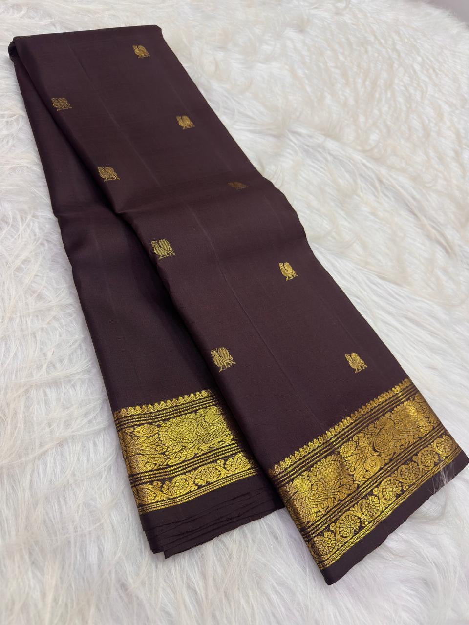 Plum-Tinged Espresso Brown Pure Silk Kanchipuram Butta saree with Gandaberunda zari
