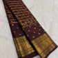 Plum-Tinged Espresso Brown Kanchipuram silk with zari kattam, floral buttas and broad gold border