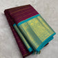 Deep Plum Handwoven Pure Silk Kancheepuram Korvai Saree with Turquoise Zari Border and Veldhari Lines