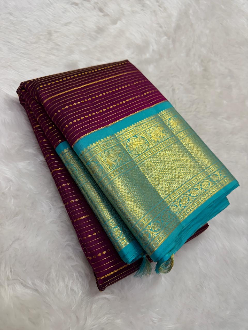 Deep Plum Handwoven Pure Silk Kancheepuram Korvai Saree with Turquoise Zari Border and Veldhari Lines