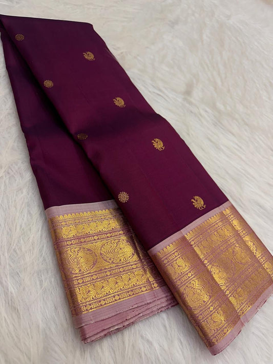 Plum Mayil Kamalam Pure Silk KanchiPattu saree, full drape