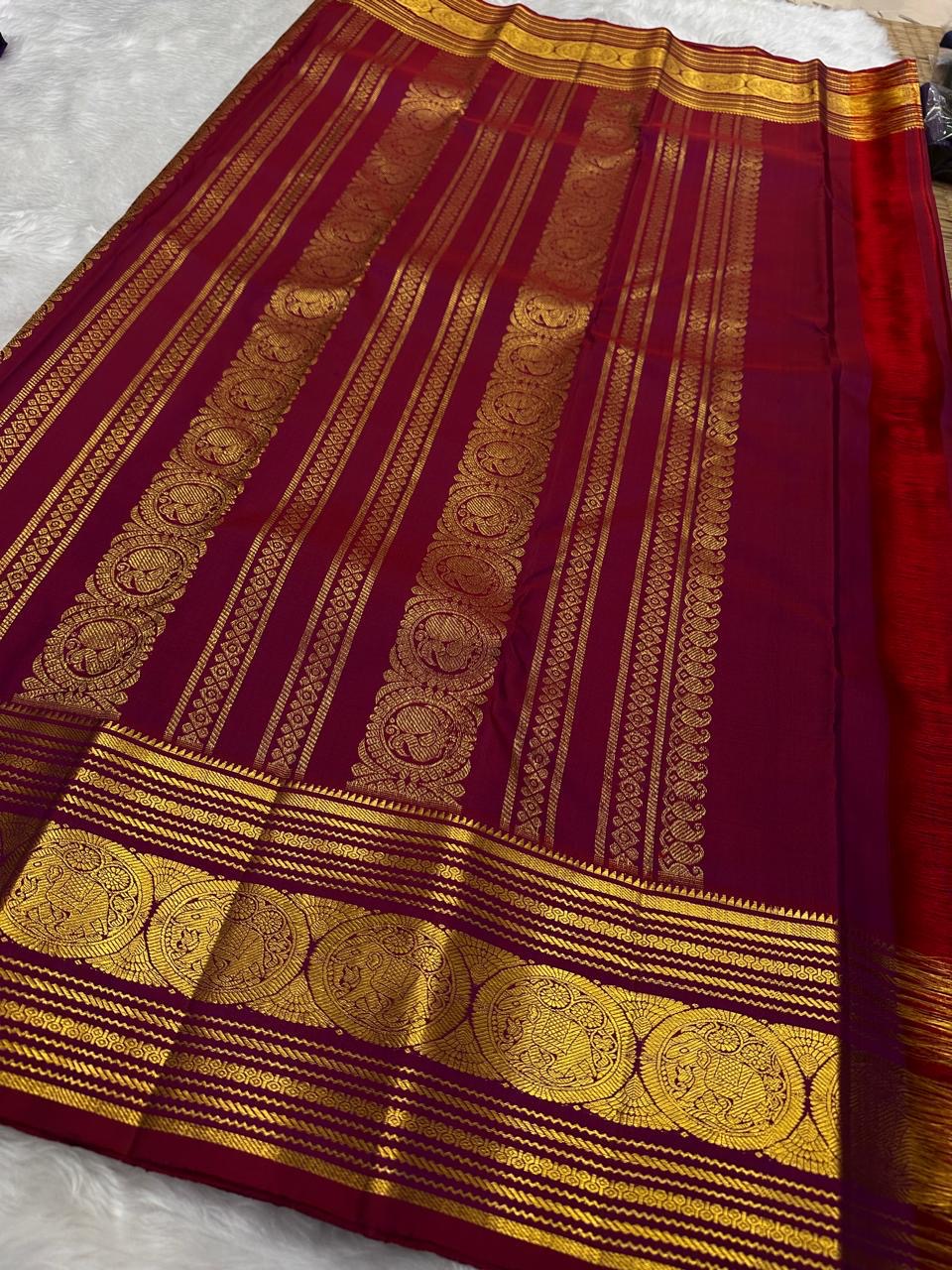 Gold zari detail on plum Kanchipuram pure silk