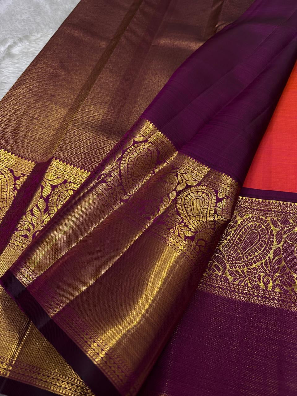 Kanchipattu silk saree in double shade tomato red with hot pink plum purple border border Korvai weave traditional zari detail