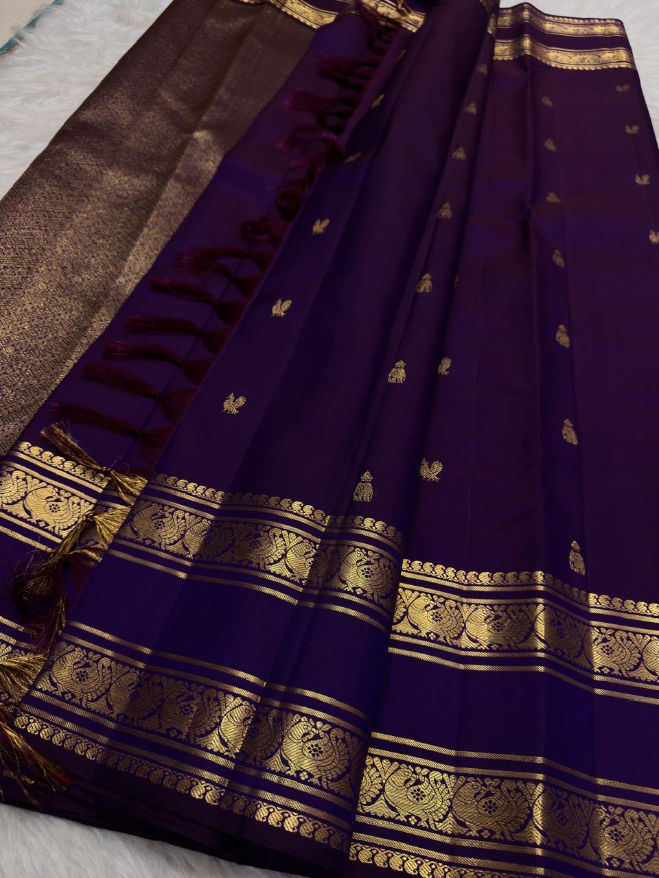 Royal Purple Handwoven Pure Silk Kancheepuram Rettapet Saree with Zari Floral Border – silk fabric close-up