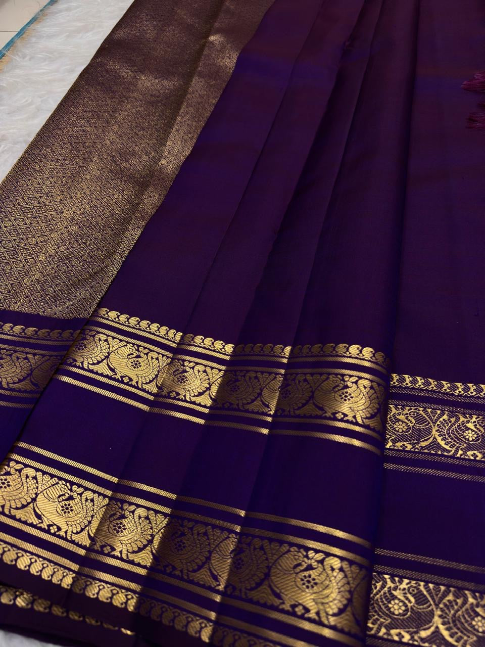 Royal Purple Handwoven Pure Silk Kancheepuram Rettapet Saree with Zari Floral Border – front full drape view