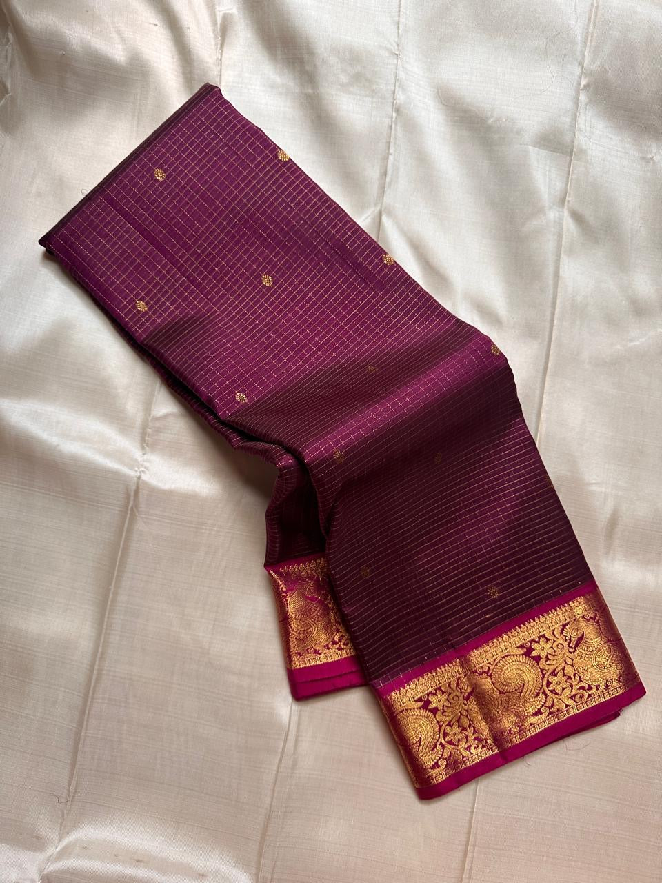 Plum Purple Handwoven Pure Silk Kancheepuram Zari Kattam Saree with Fuchsia Peacock Border – front full drape view
