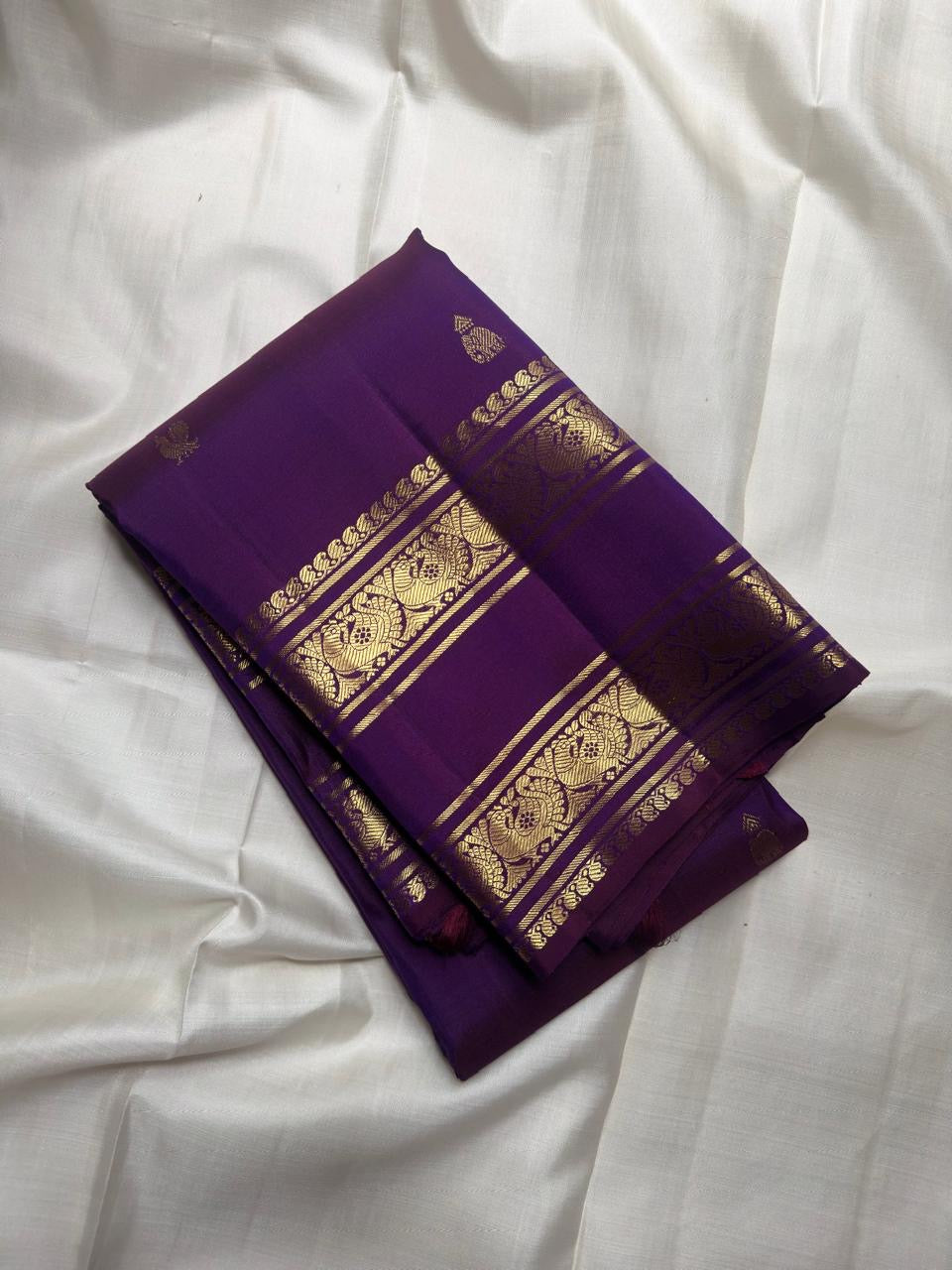 Royal Purple Handwoven Pure Silk Kancheepuram Rettapet Saree with Zari Floral Border – silk body weave close-up