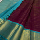 Deep Plum Handwoven Pure Silk Kancheepuram Korvai Saree with Turquoise Zari Border and Veldhari Lines