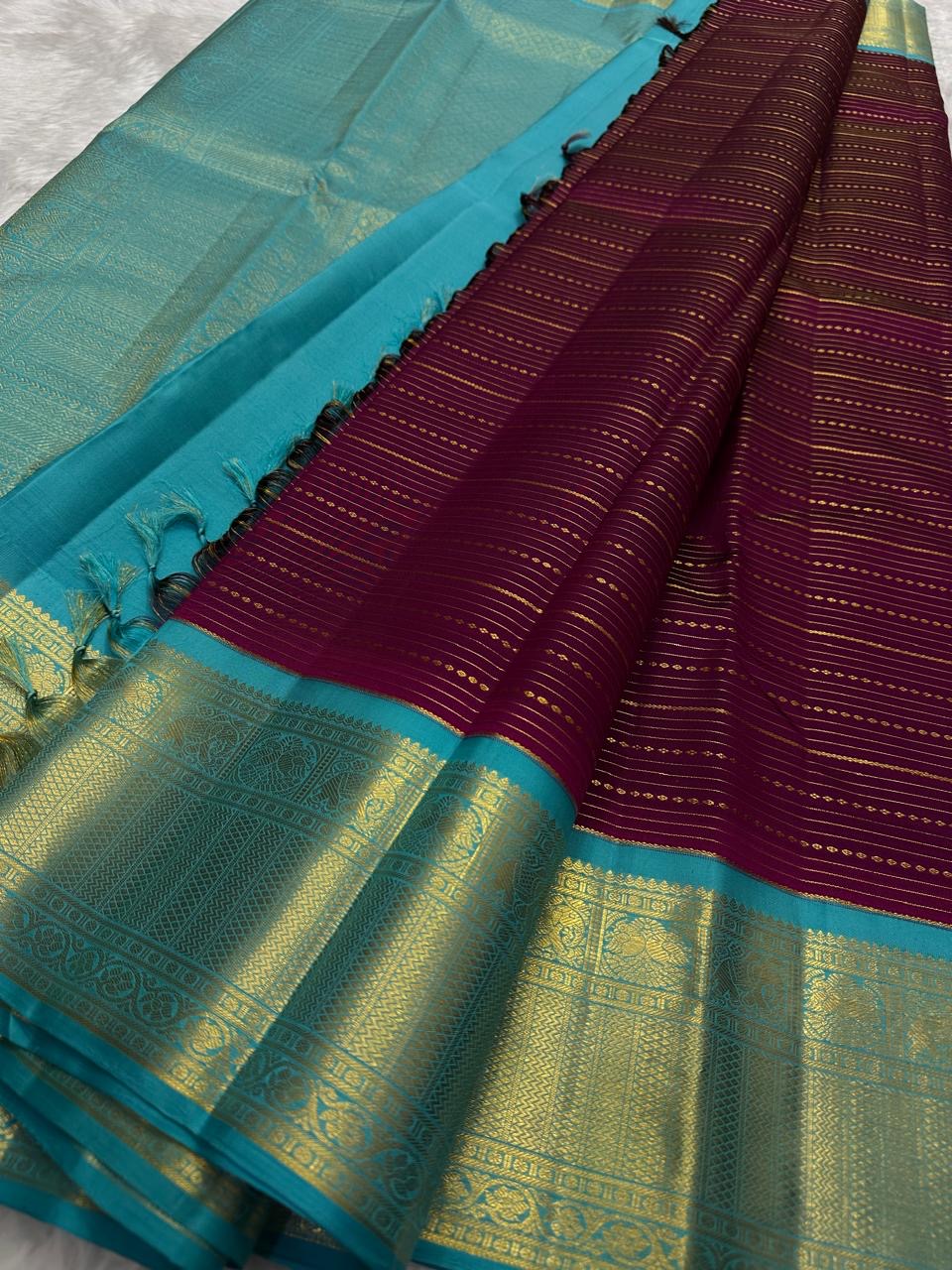 Deep Plum Handwoven Pure Silk Kancheepuram Korvai Saree with Turquoise Zari Border and Veldhari Lines