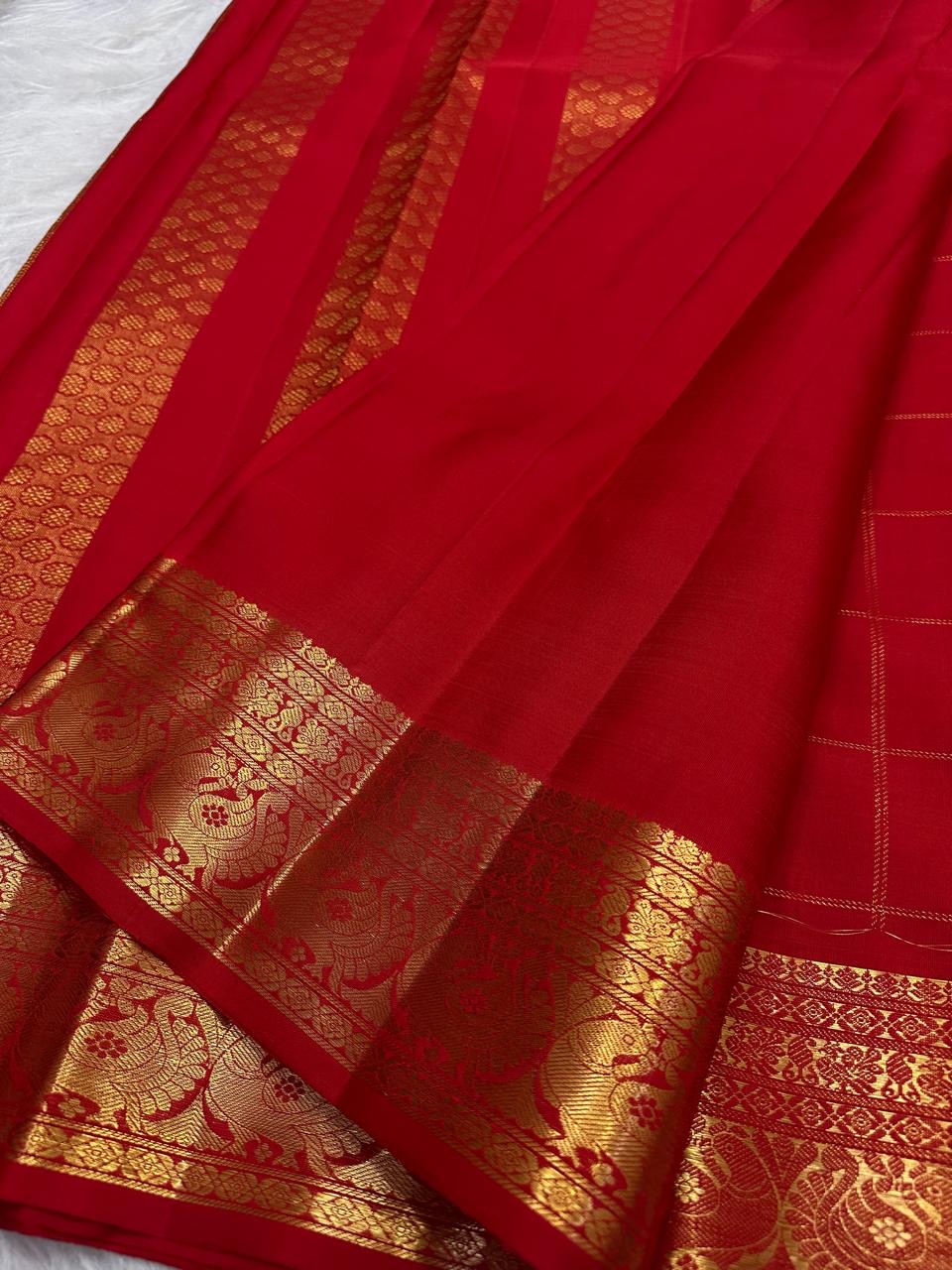 Deep Pomegranate Red Handwoven Pure Silk Kanjipuram Saree with Zari Kattam Checks and Rich Gold Peacock Border