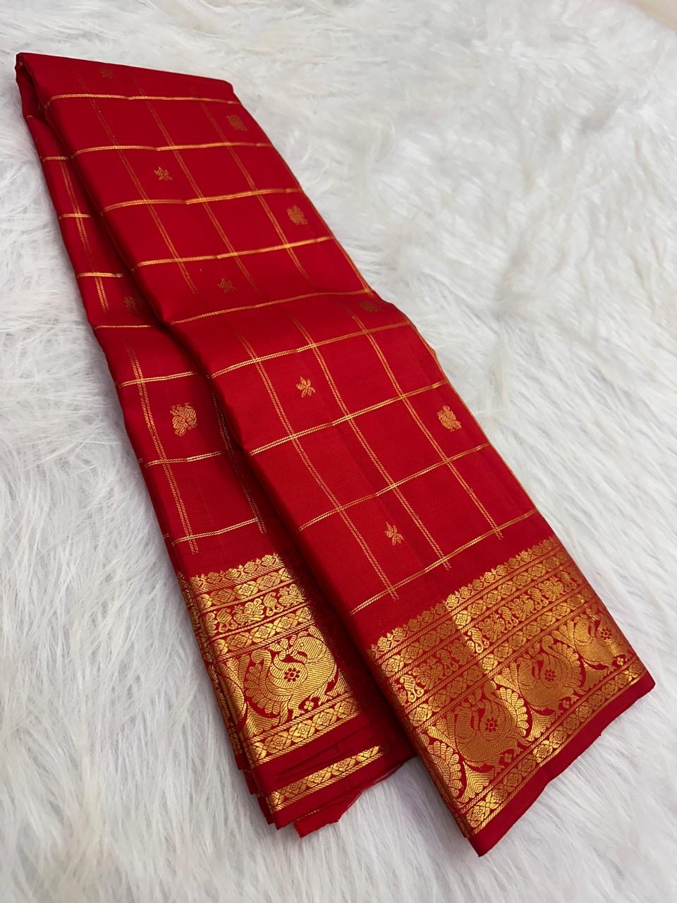 Deep Pomegranate Red Handwoven Pure Silk Kanjipuram Saree with Zari Kattam Checks and Rich Gold Peacock Border