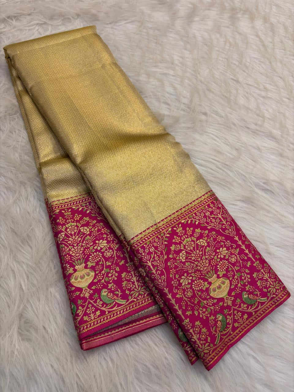 Pon vandu gold kanchipuram saree rani pink meenakari brocade – Idam Living Pure Silk Kanchipuram saree