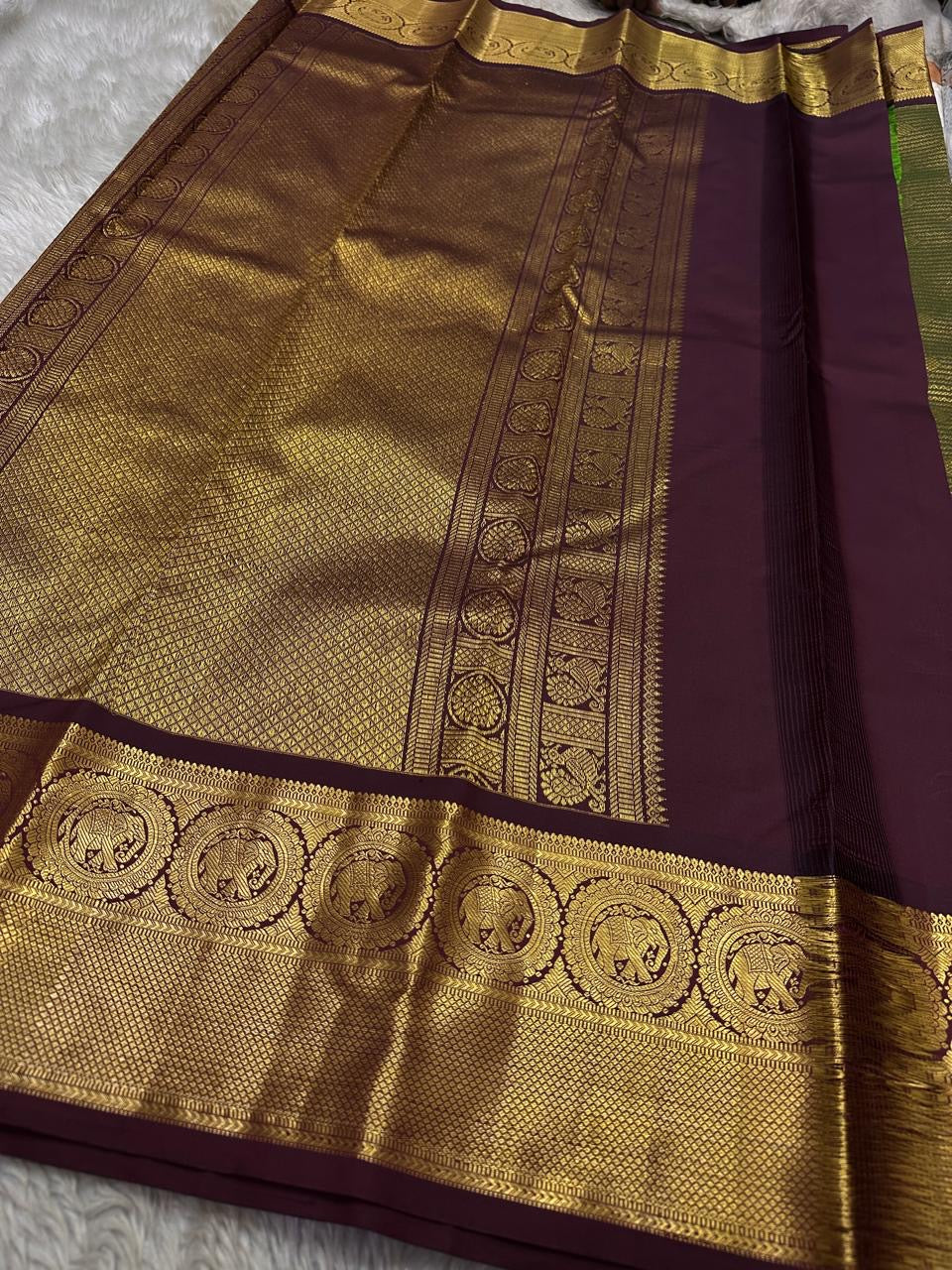 Ponvandu Golden Green pure silk Kanjeevaram saree — ponvandu green tone