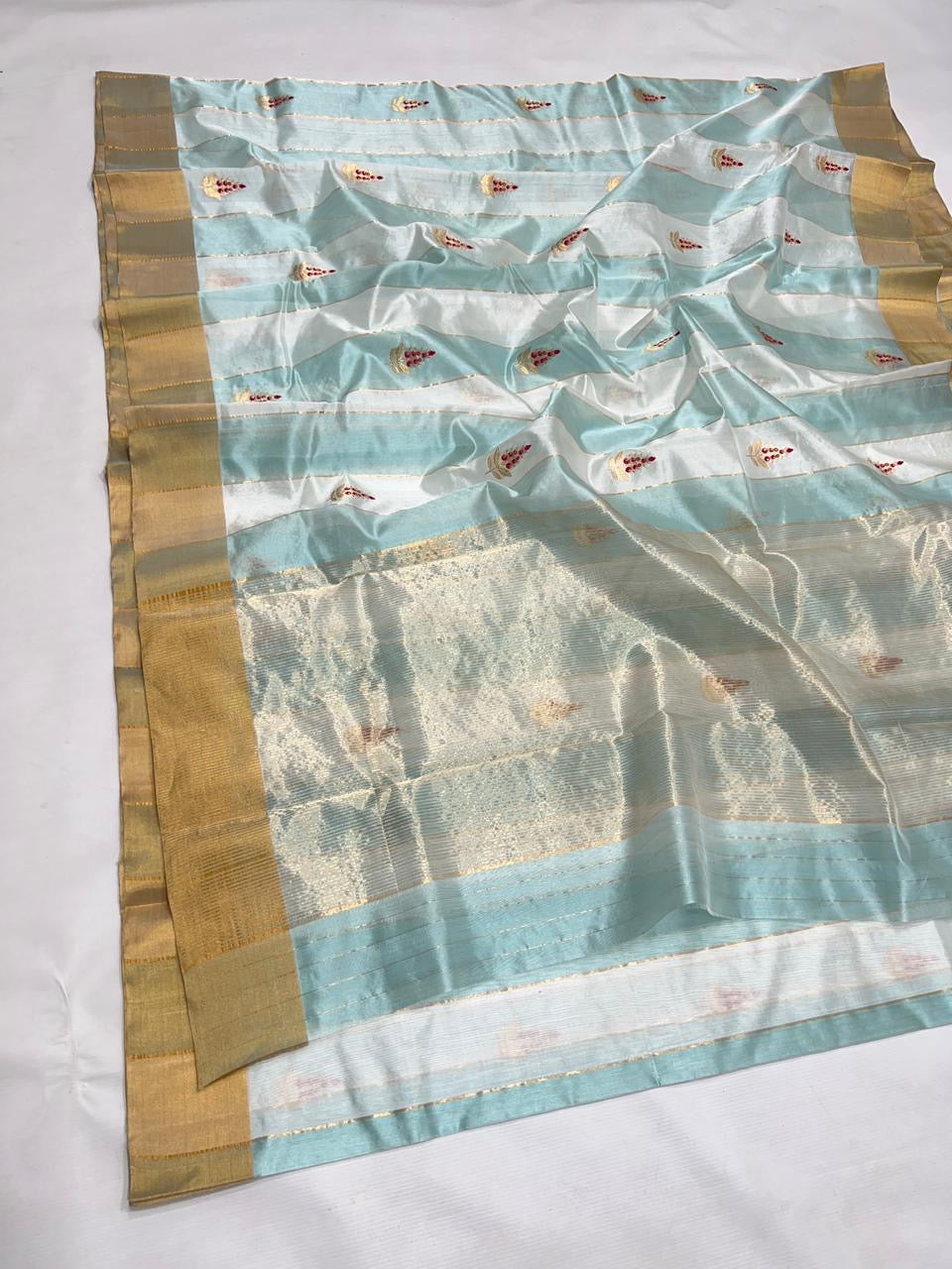 Pure silk powder blue Chanderi handloom saree ready to ship from USA