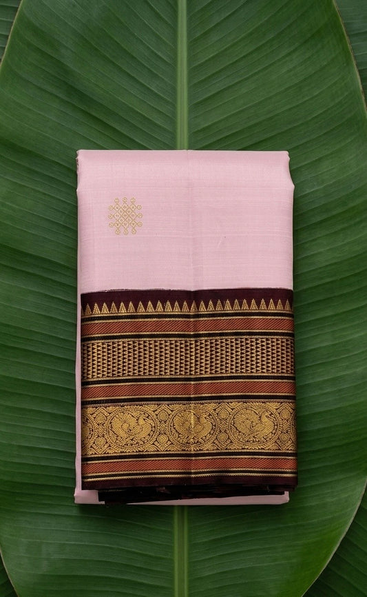 Powder Rose Pink Pure Kanchipuram Silk Saree With Antique Gold And Deep Cocoa Brown Accents
