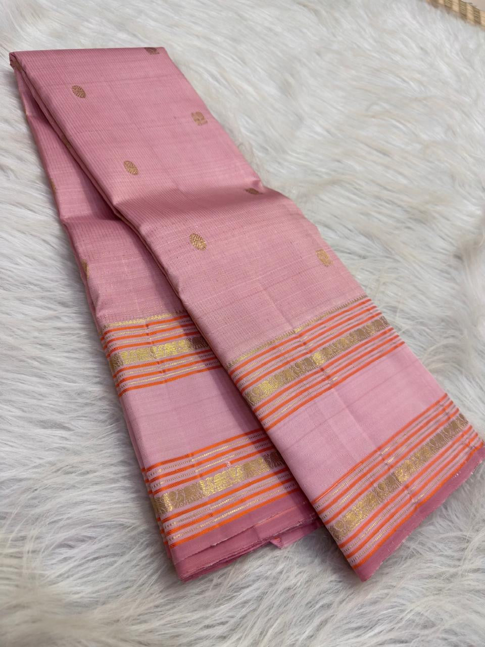 Powder pink Rettapet Kancheepuram saree with standing Yazhi border