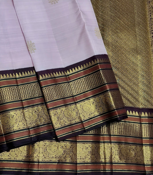 Powder Rose Pink Pure Kanchipuram Silk Saree With Antique Gold And Deep Cocoa Brown Accents