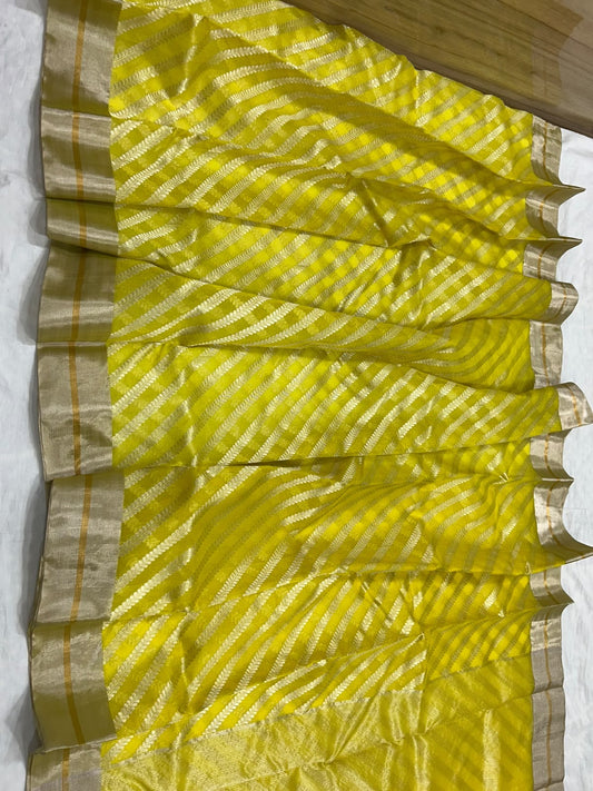 Sunlit Turmeric Yellow Diagonal Zari Katan Silk Chanderi Saree, pallu and weave detail
