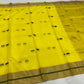 Sunshine Yellow Green-Edged Mercerized Silk Chanderi Saree, green-toned butis on the translucent yellow body