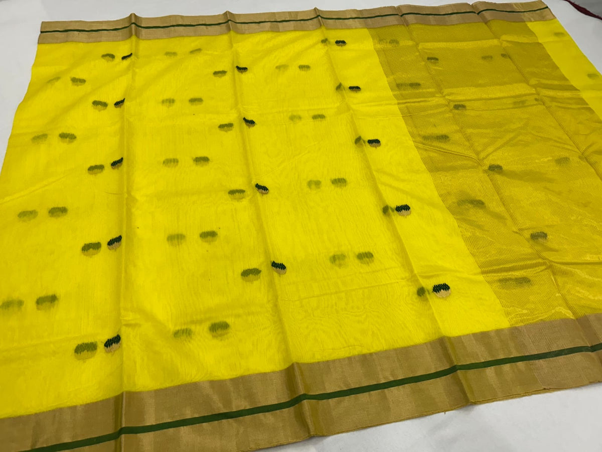 Sunshine Yellow Green-Edged Mercerized Silk Chanderi Saree, green-toned butis on the translucent yellow body