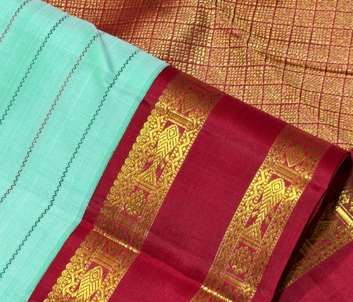 Pastel mint green handwoven pure silk Kanjivaram rettapet saree with Ganga-Jamuna borders, view 4