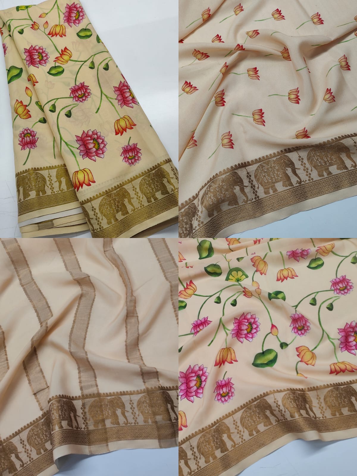 Pure Mysore Silk Crepe Saree Pastel Floral Prints with Zari Border